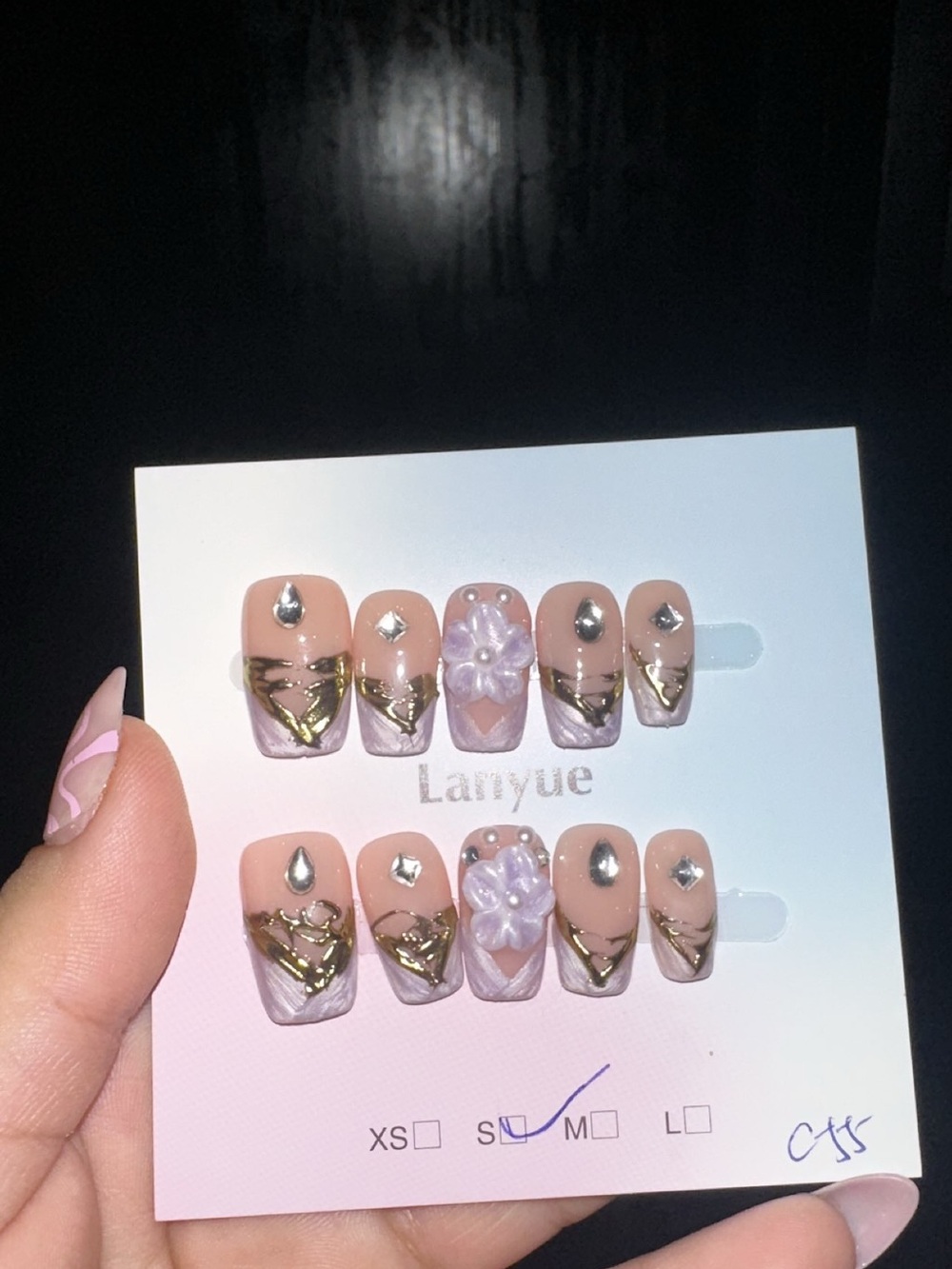 Women’s Press-On Nails – Nude Pink with Gold & Lilac Floral Accents (Size S/M)